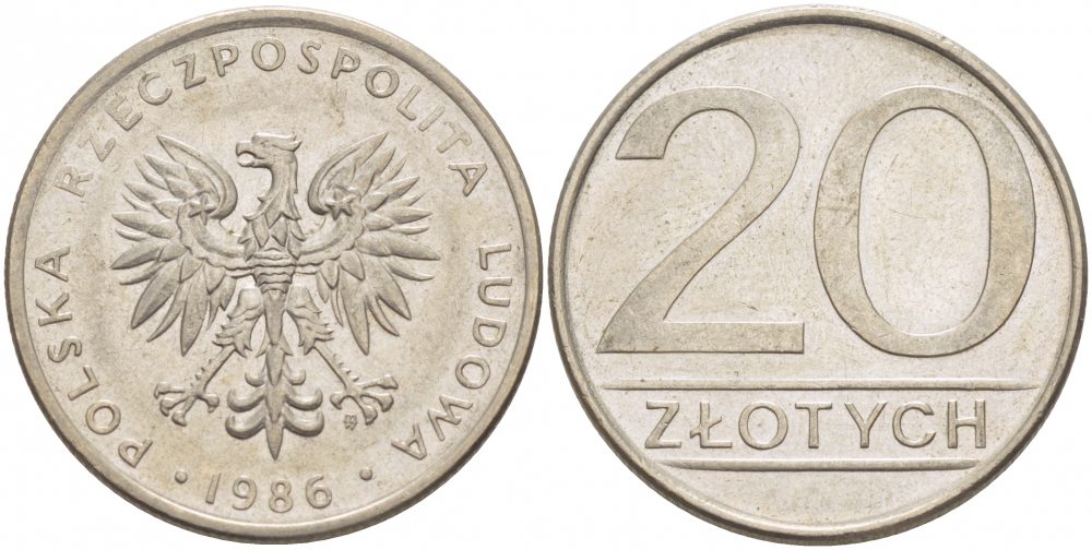 ПОЛЬША 20 ЗЛОТЫХ 1986 MW KM 153.1 медно-никель 77-716