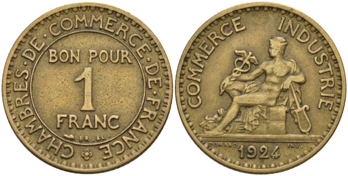 Франция 1 франк 1924 KM 876, Le Franc 218.5 алюминиевая бронза 4142-753