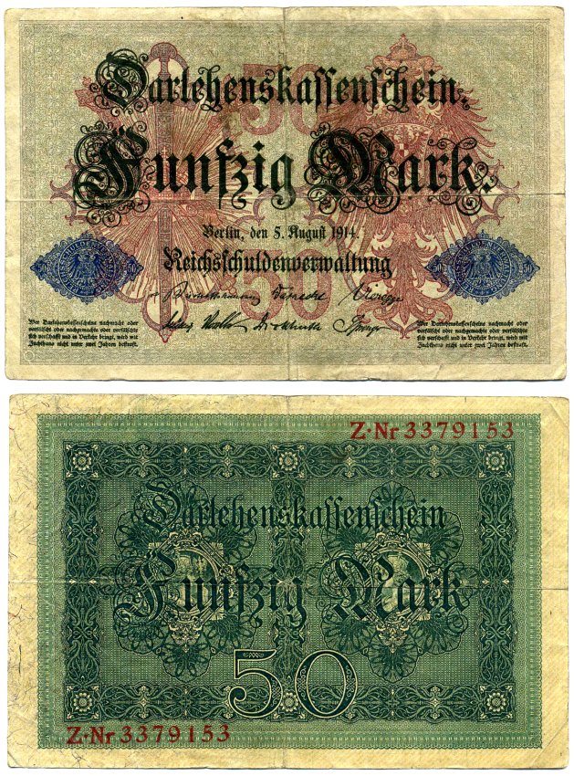 Германия 50 марок 1914 5 августа 1914, номер семизначный, серия Z Pick 49, Роземберг 50b бумага F-VF 6280-31-2-2