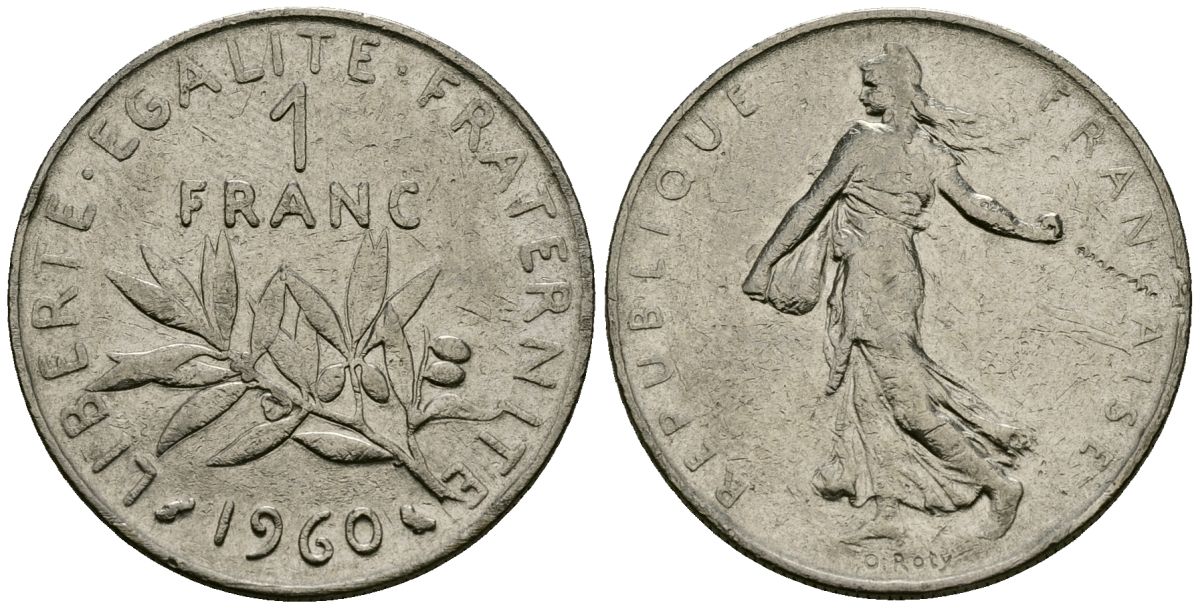 Франция 1 франк 1960 сеятель KM 925 никель 4135-812
