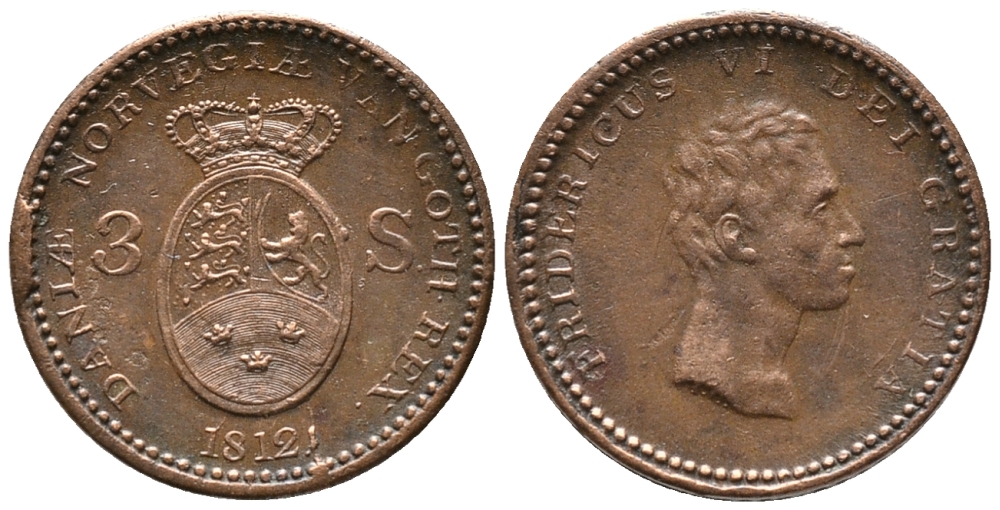 ДАНИЯ 3 СКИЛЛИНГА 1812 ФРЕДЕРИК VI (1808-1839) KM 672 (С89) медь 100-751