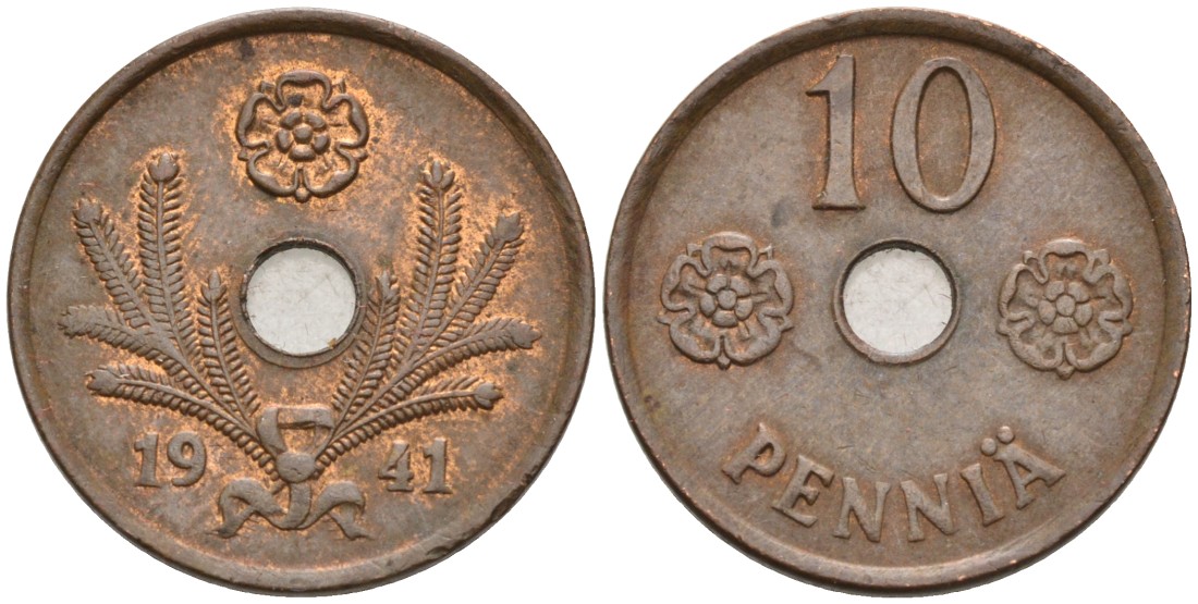 ФИНЛЯНДИЯ 10 ПЕННИ 1941 KM 33.1 медь 192-1069