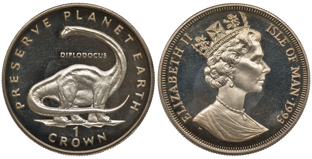Остров Мэн 1 крона 1993 СЕРИЯ СОХРАНИМ ПЛАНЕТУ ЗЕМЛЯ, ДИНОЗАВР ДИПЛОДОКУС (DIPLODOCUS) KM 358 медно-никель UNC 00-00