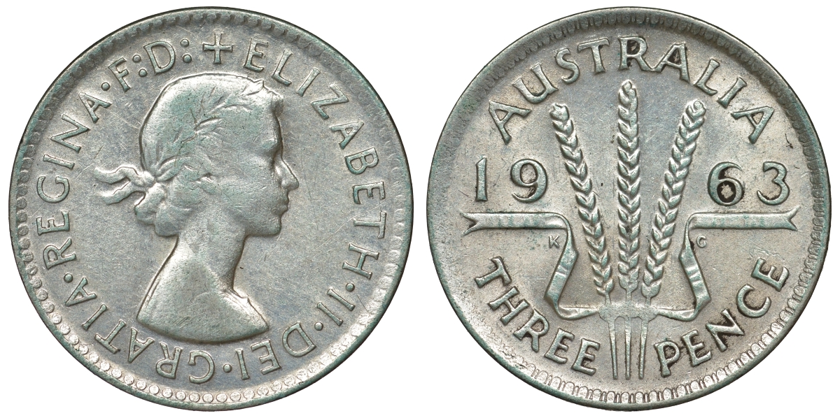 Австралия 3 пенса 1963 m, Елизавета II (1952-2022) KM 57 серебро 71-935