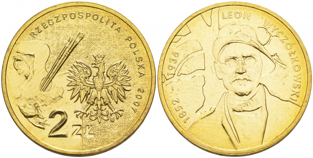 Польша 2 злотых 2007 серия польские художники XIX-XX вв. Леон Ян Вычулковский (1852-1936) KM 626 латунь UNC M18-04