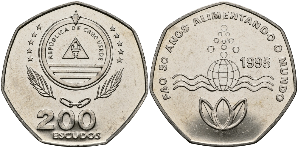 Кабо-Верде 200 эскудо 1995 50 лет FAO KM 34 медно-никель UNC 3333-925