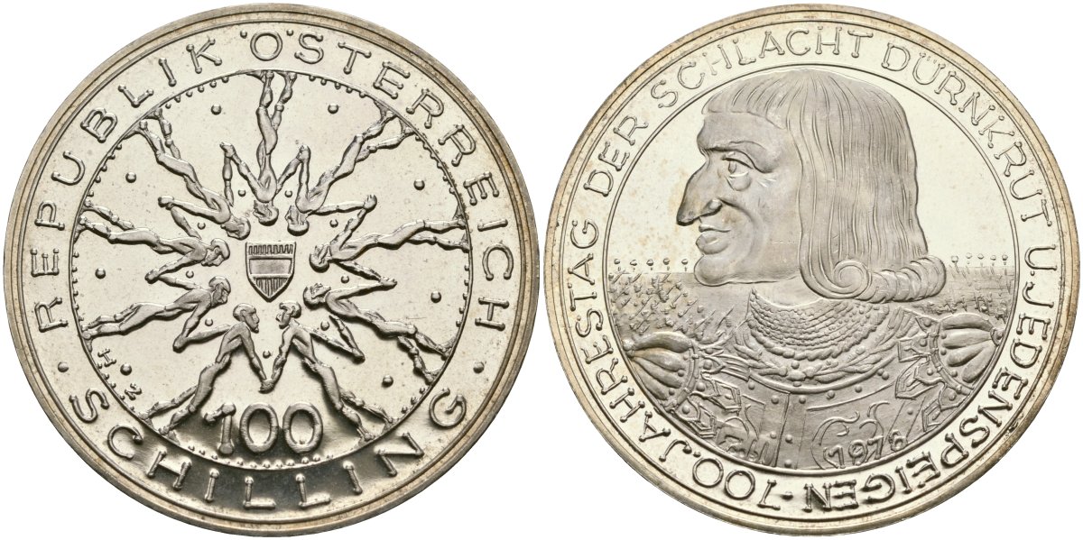 Австрия 100 шиллингов 1978 700 лет Битвы на Моравском поле (Дюрнкрут и Йеденшпайген) KM 2939 серебро PROOF 02-118-42