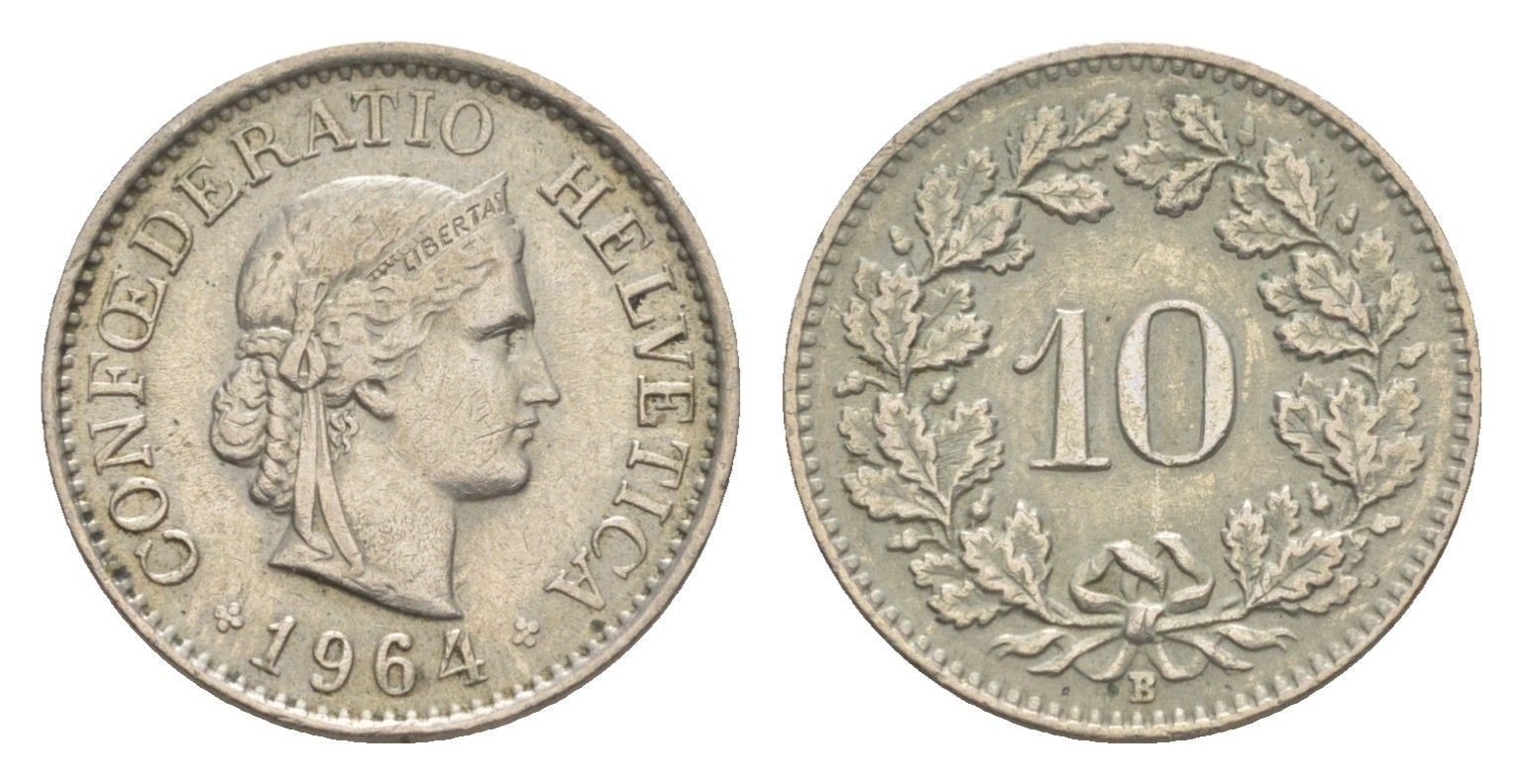 Швейцария 10 раппенов 1964 B KM 27 медно-никель 4625-312