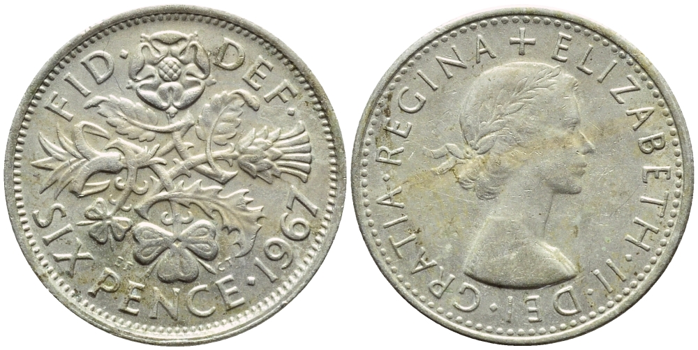 Великобритания 6 пенсов 1967 Елизавета II (1952-2022) KM 903, Spink 4149 медно-никель 4392-1329