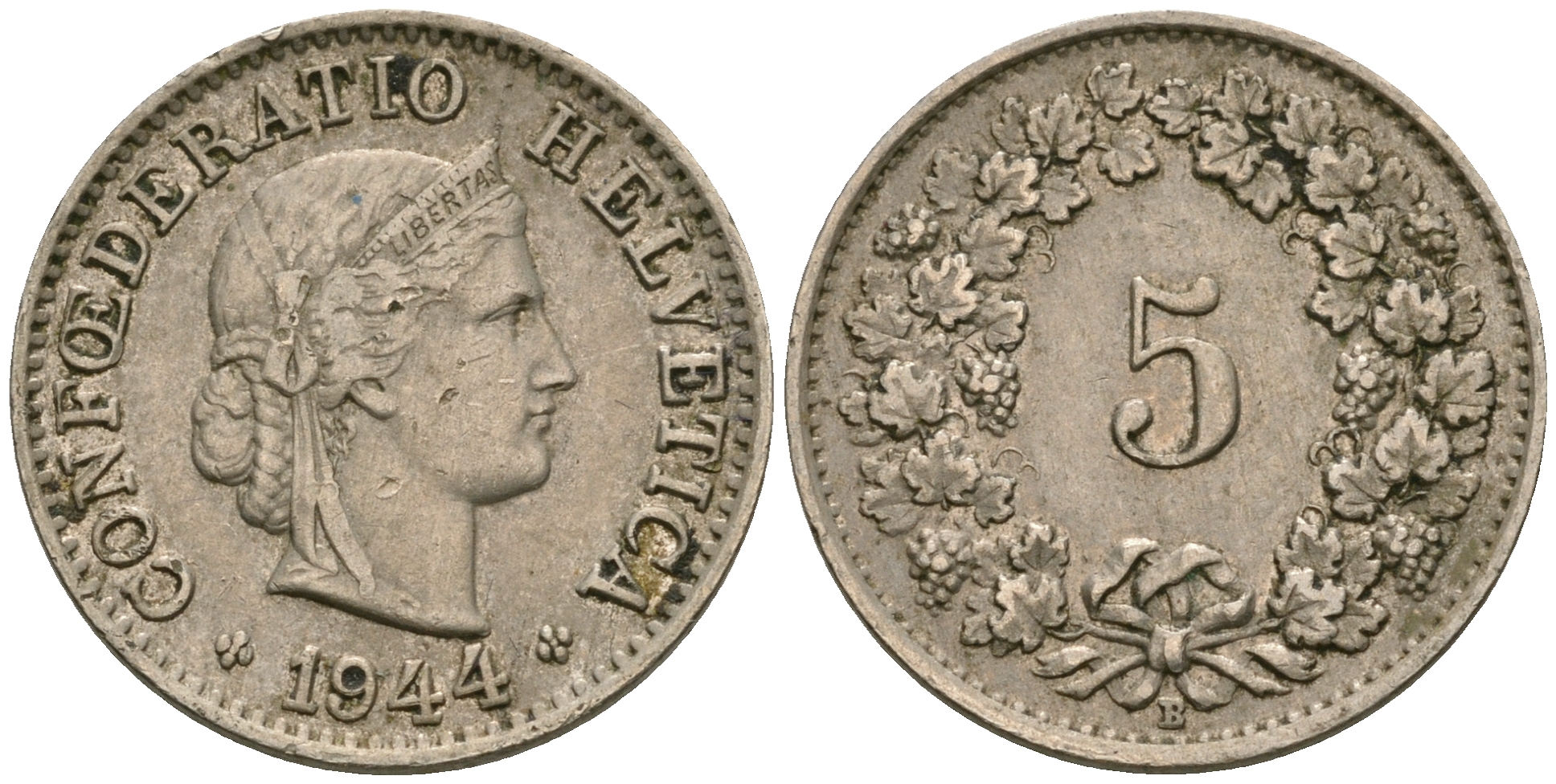 Швейцария 5 раппенов 1944 В KM 26 медно-никель 08-1361