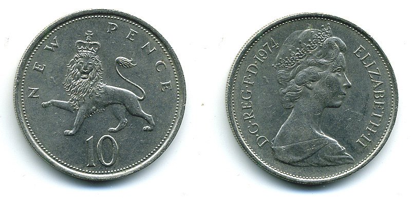 Великобритания 10 пенсов 1974 Елизавета II (1952-2022) KM 912, Spink 4231 (F1) медно-никель  4110-1343
