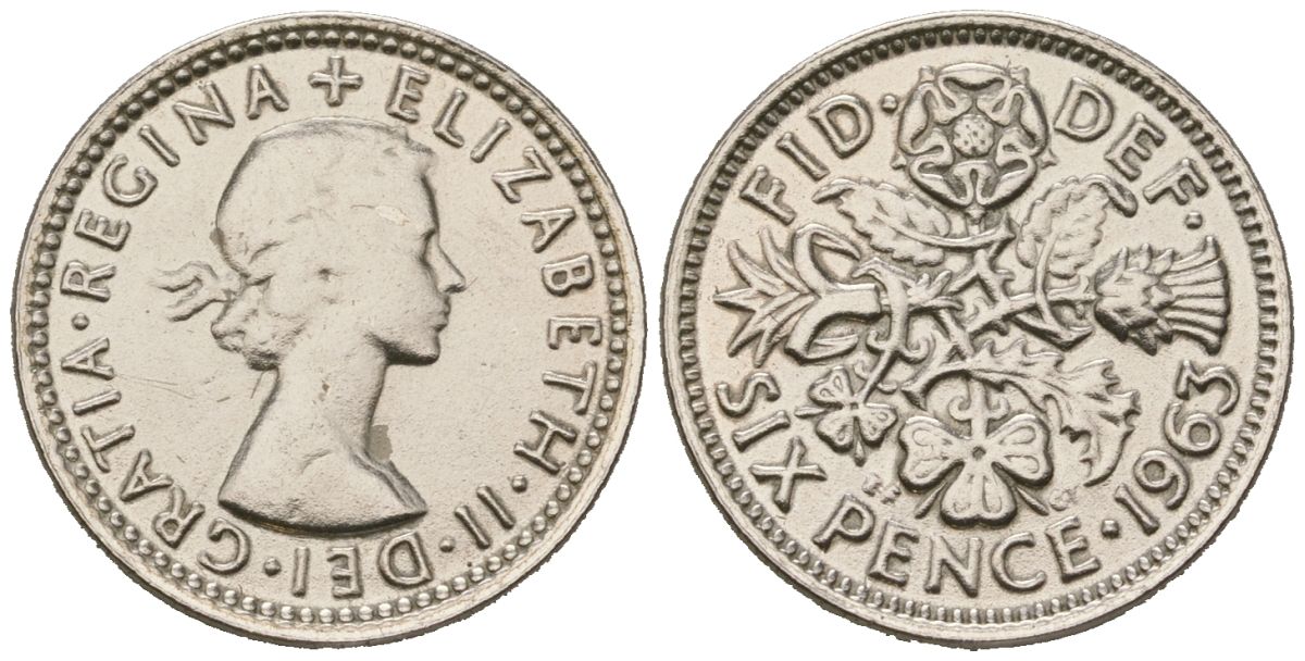 Великобритания 6 пенсов 1963 Елизавета II (1952-2022) KM 903, Spink 4149 медно-никель 4387-447