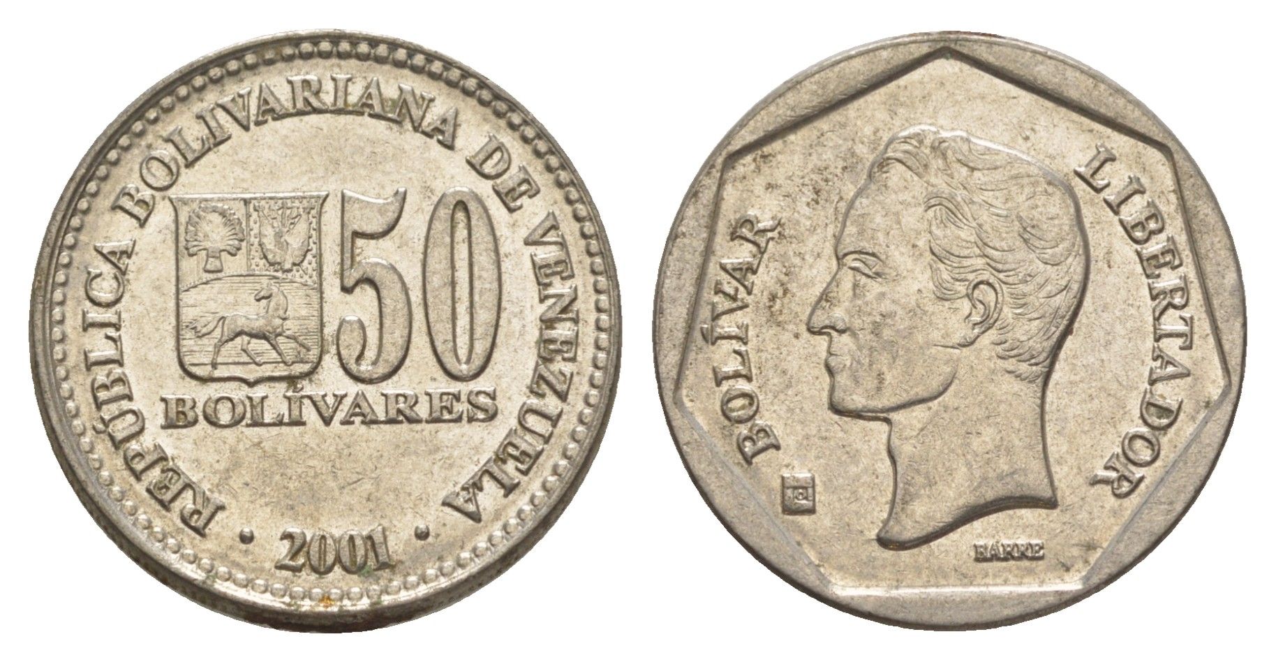 Венесуэла 50 боливаров 2001 Симон Боливар Y 82.1 сталь плакированная никелем 4592-936