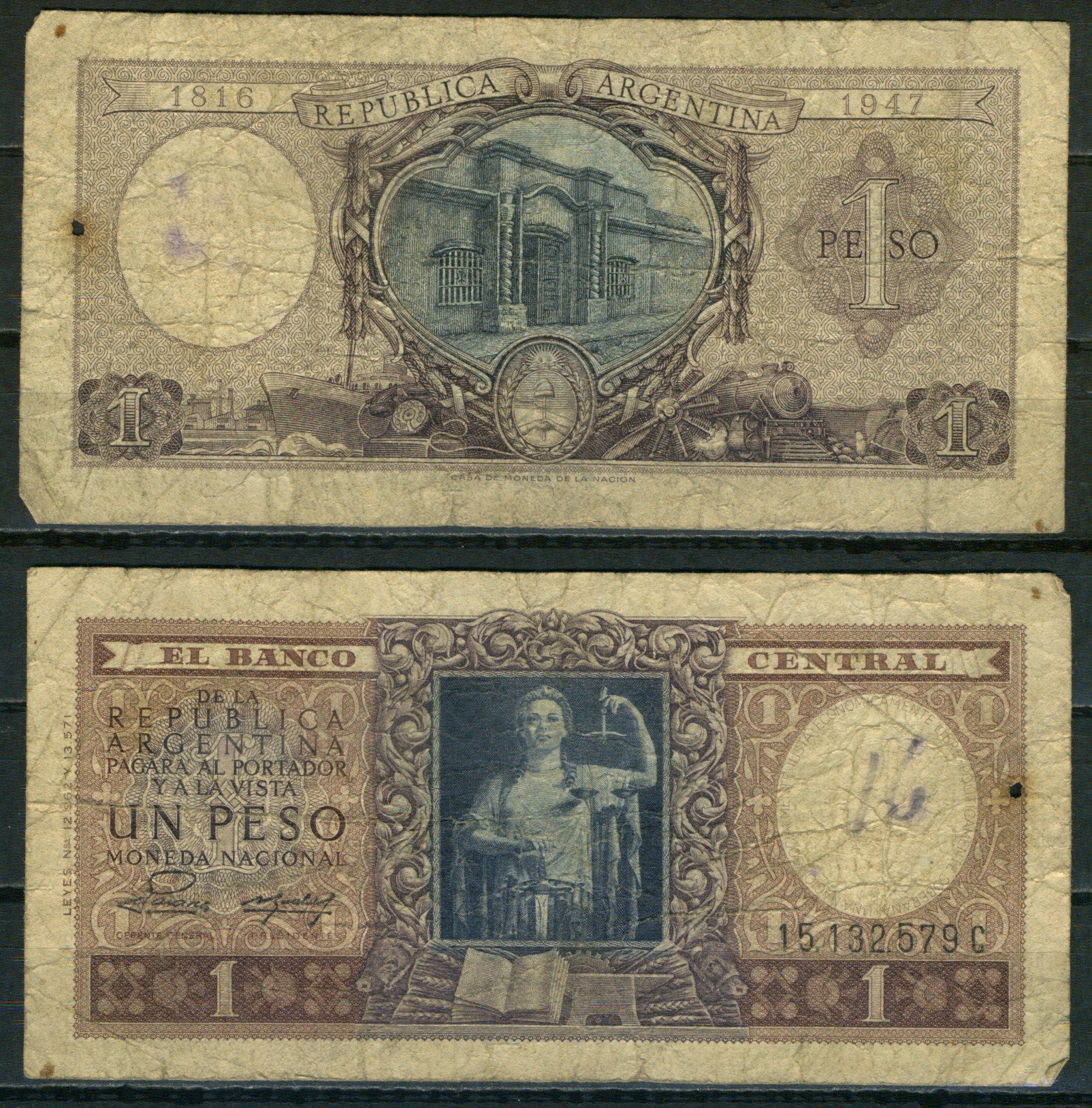 Аргентина 1 песо 1952 Pick 260 b бумага 8621-20-1-2