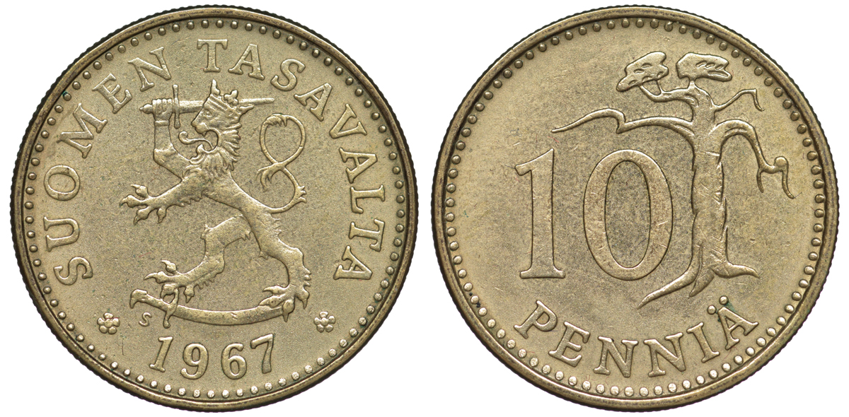 ФИНЛЯНДИЯ 10 ПЕННИ 1967 S KM 46 алюминиевая бронза 3334-1123