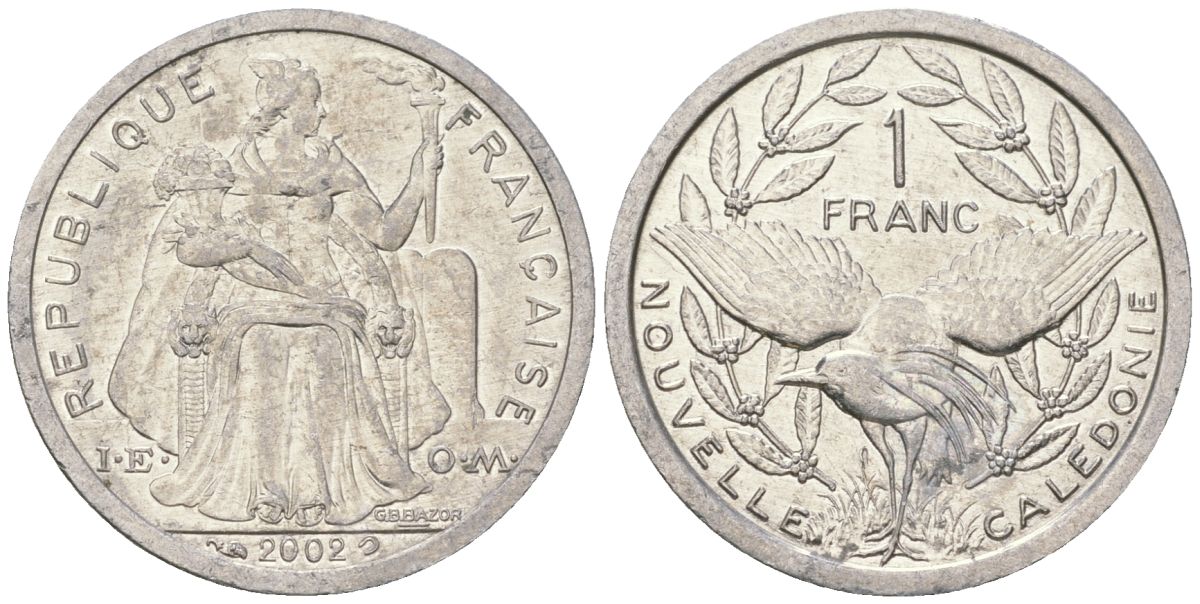 Французская Новая Каледония 1 франк 2002 птица кагу, (IEOM) KM 10, Schoen 10, Lec 52g алюминий 46-1337