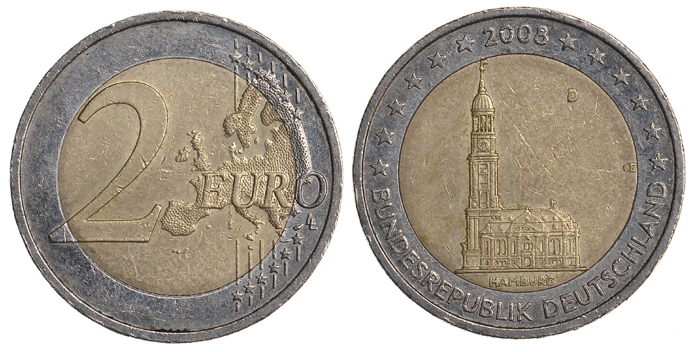 ФРГ 2 евро 2008 D, серия федеральные земли, церковь Св. Михаила в Гамбурге KM 261 биметалл 93-942