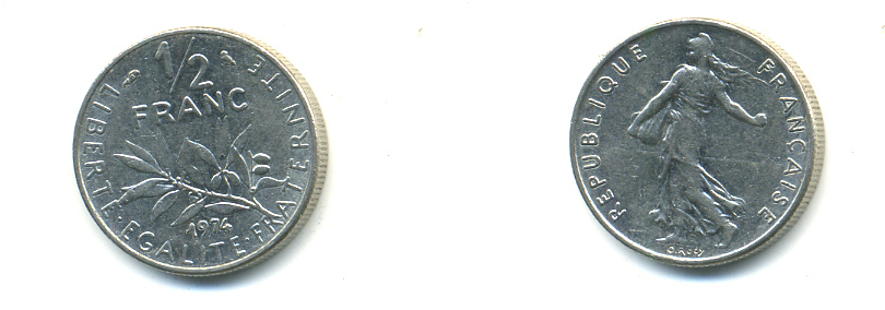 ФРАНЦИЯ 1/2 ФРАНКА 1974 СЕЯТЕЛЬ KM 931.1, LE FRANC 198.13 никель 176-1057
