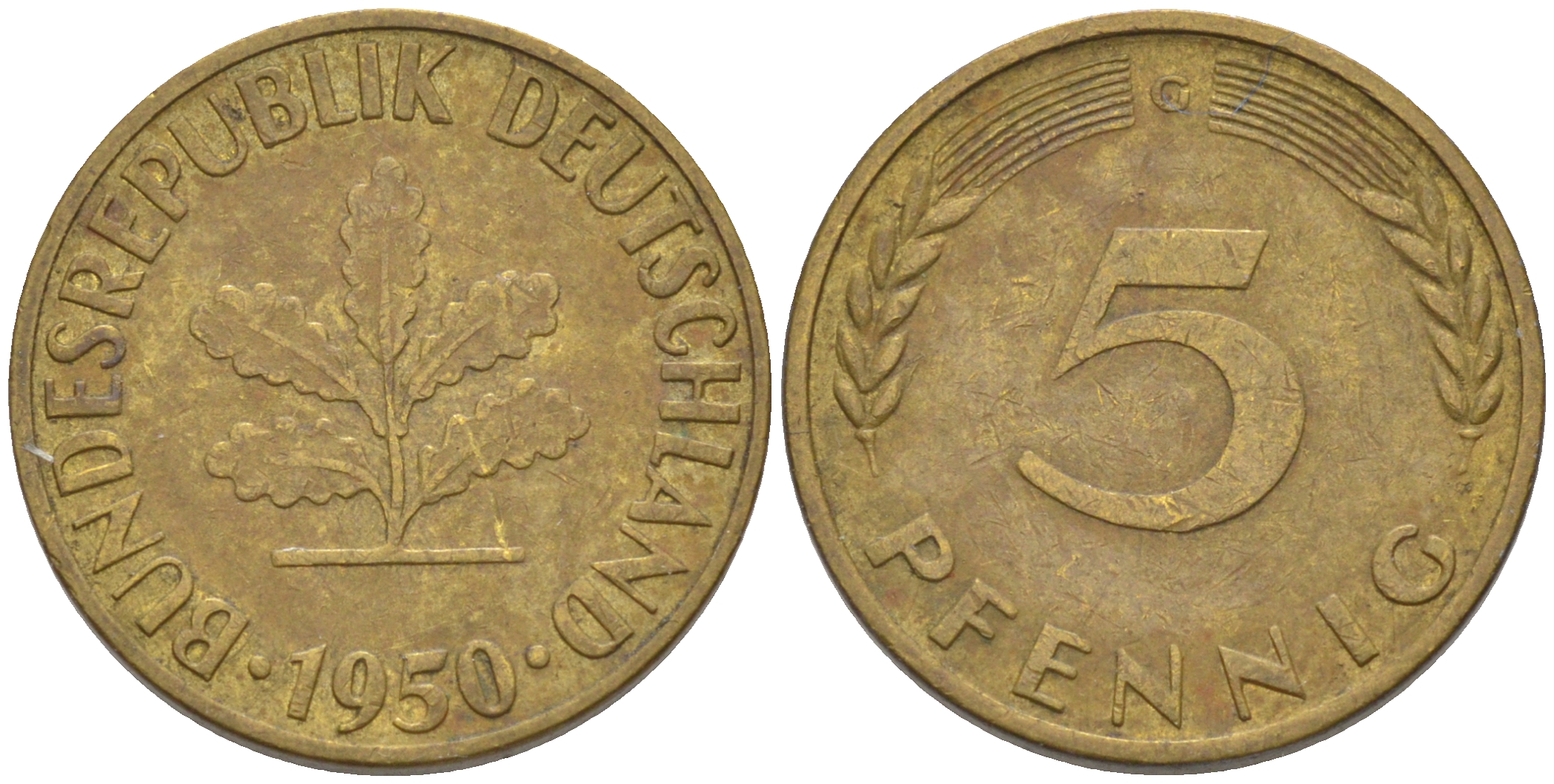 ФРГ 5 пфеннигов 1950 G KM 107, J. 382 сталь плакированная латунью 55-1252