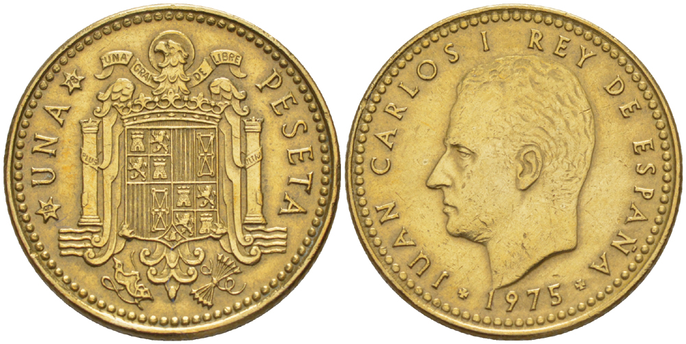 Испания 1 песета 1975 (78) Хуан Карлос I (1975-2014) KM 806 алюминиевая бронза 216-623