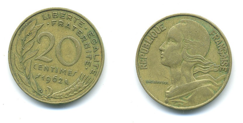 ФРАНЦИЯ 20 САНТИМОВ 1962 KM 930 медь алюминий никель 84-1433