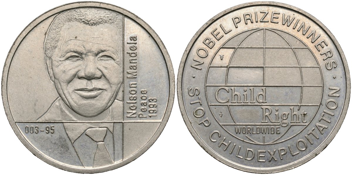 Нидерланды медаль ND серия лауреаты Нобелевской премии, Нельсон Манделла 1993, диаметр 30 мм. медно-никель 4593-1246