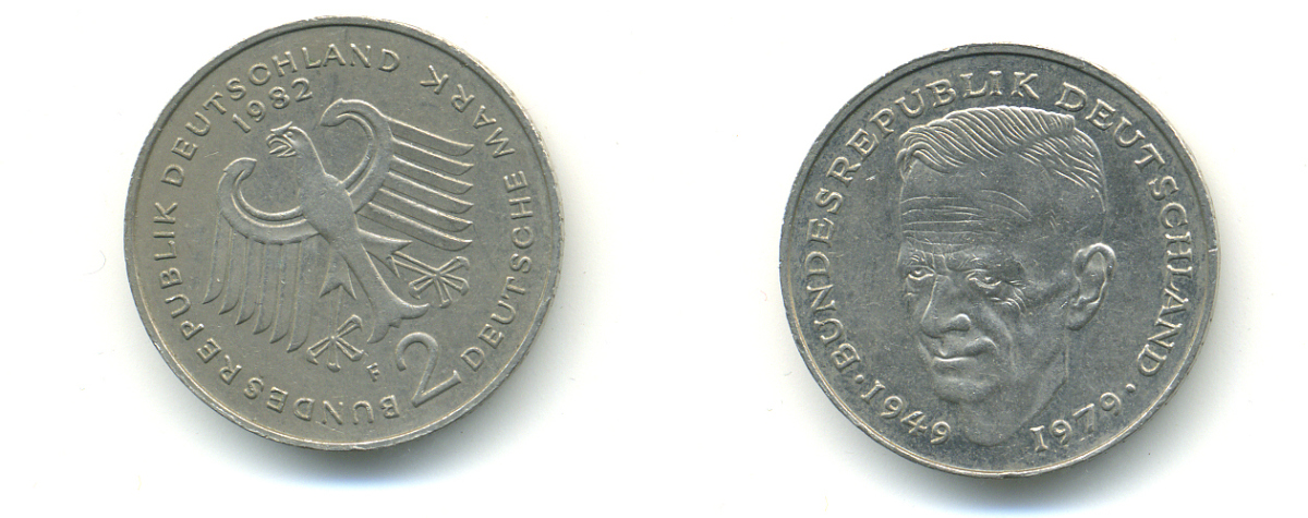 ФРГ 2 марки 1982 F, Курт Шумахер KM 149, J. 424 медно-никель плакированный никелем 83-1913