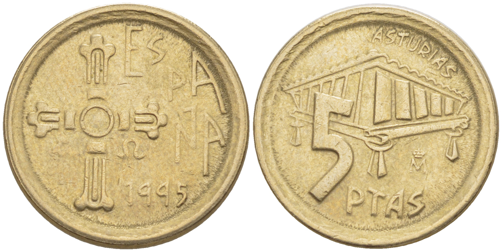 Испания 5 песет 1995 Хуан Карлос I (1975-2014), Астурия (ASTURIAS), крест KM 946 алюминиевая бронза 4181-1121