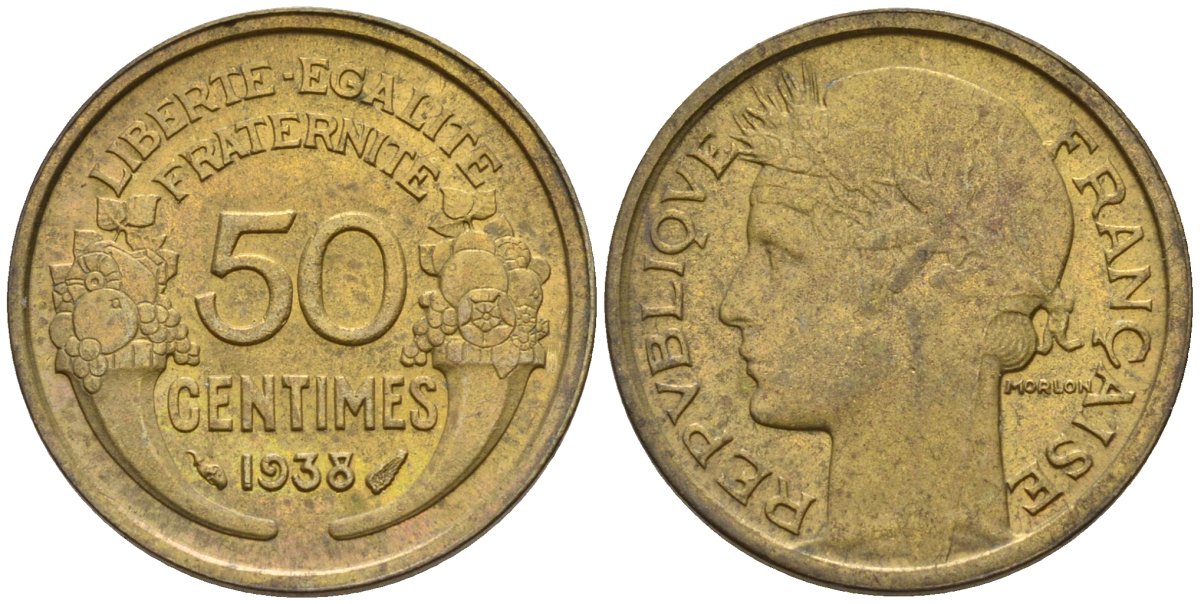 Франция 50 сантимов 1933 KM 894.1, Le Franc 192.15 алюминиевая бронза 4596-764