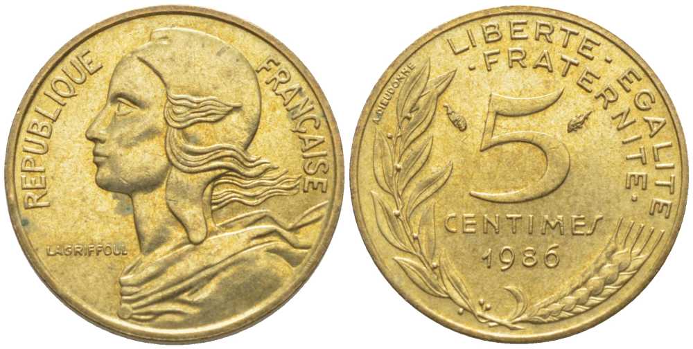 ФРАНЦИЯ 5 САНТИМОВ 1986 ТИП MARIANNE KM 933, LE FRANC 125.22 медь алюминий никель 116-454