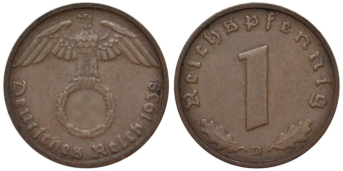 Германия 1 рейхспфенниг 1938 D KM 89, J. 361 бронза 4124-149