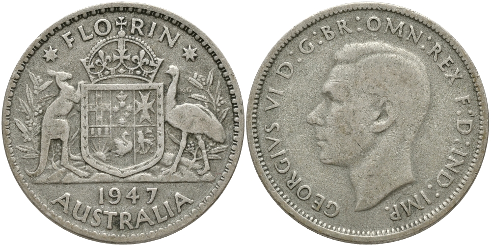 Австралия 1 флорин 1947 Георг VI (1937-1952), герб Австралии KM 40a серебро 1528-742