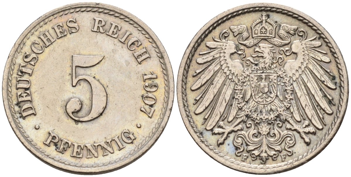 Германия 5 пфеннигов 1907 A KM 11, J. 12 медно-никель 4151-457