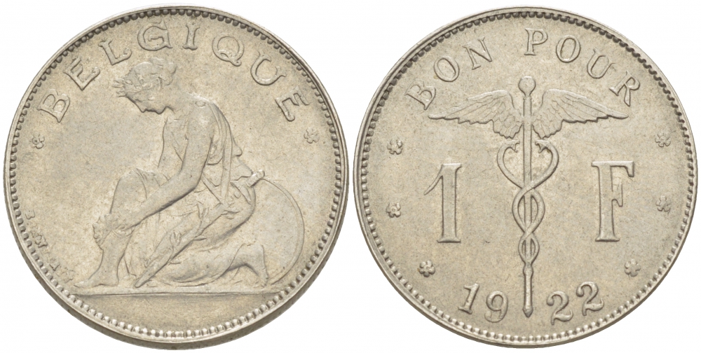 Бельгия 1 франк 1922 Belgique, Альберт I (1910-1934) KM 89 никель 261-345