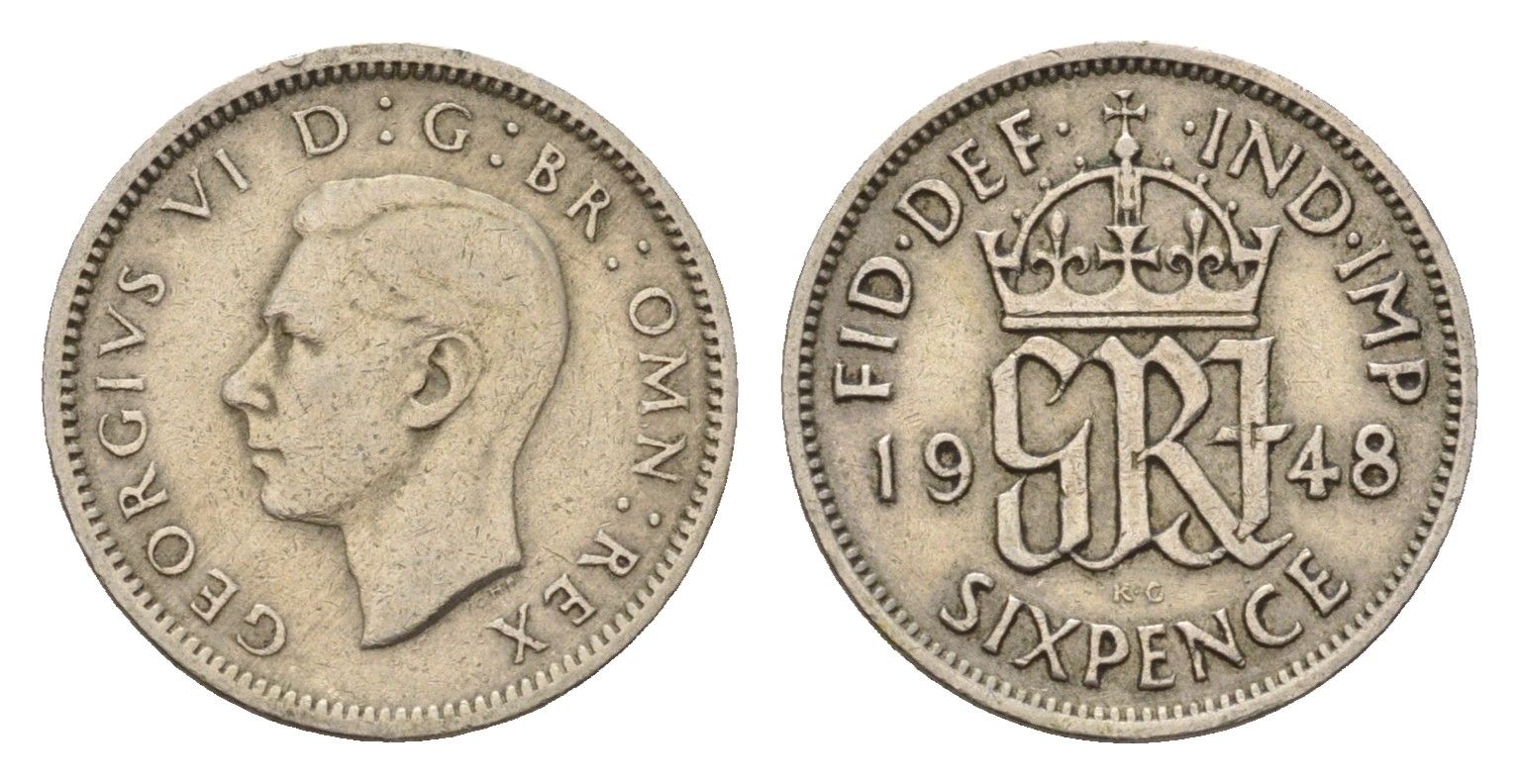 Великобритания 6 пенсов 1948 Георг VI (1936-1952) KM 862, Spink 4105 медно-никель 99-963