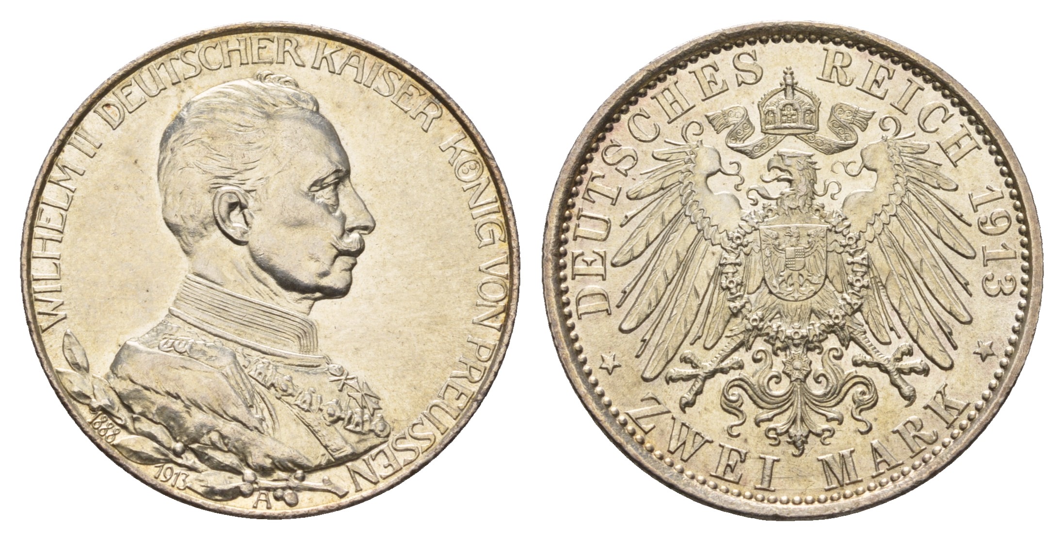 Пруссия 2 марки 1913 A, Вильгельм II (1888-1918), 25 лет правления (мундир) Weege 111, J. 111, KM 533 серебро UNC 00-807-20