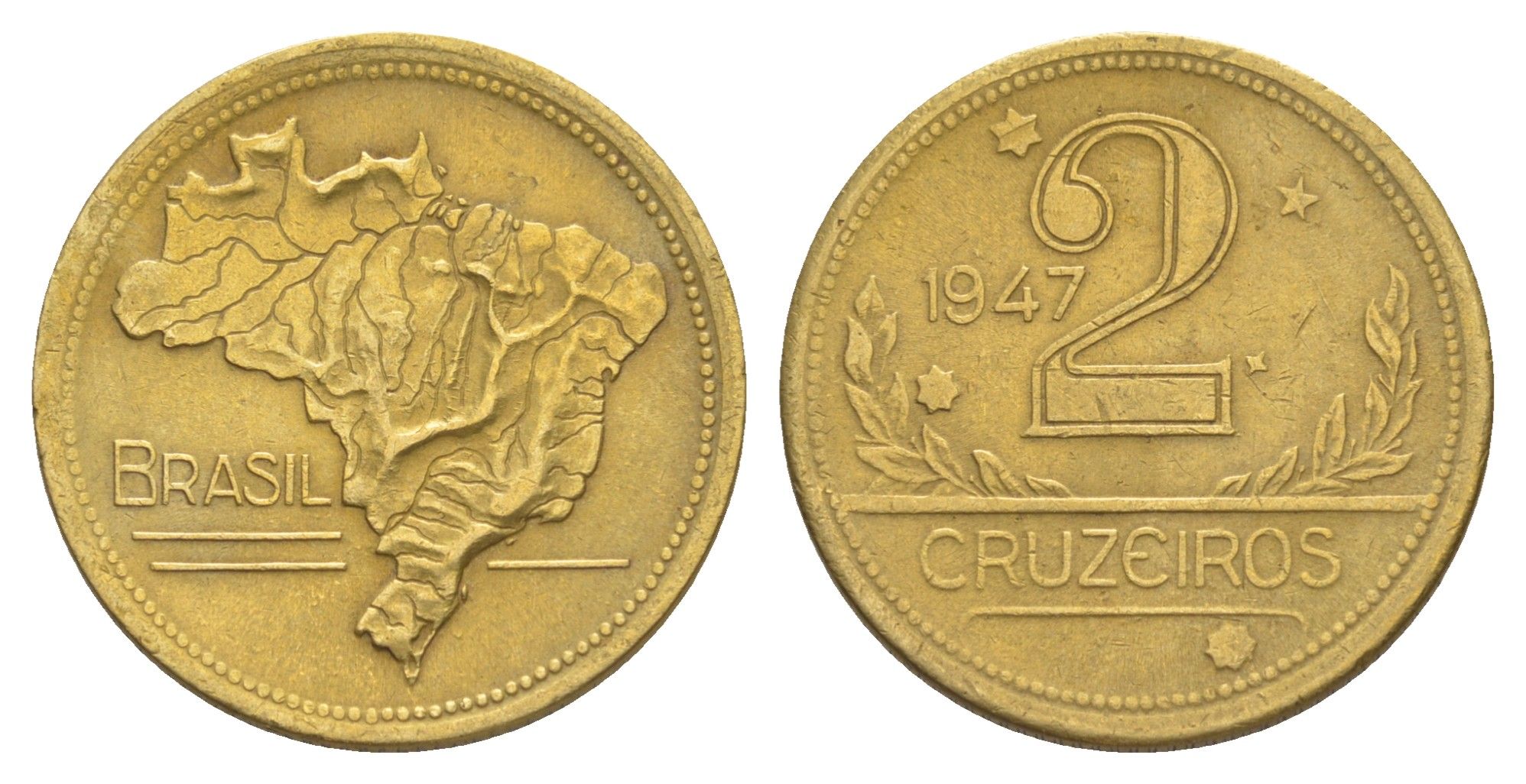 Бразилия 2 крузейро 1947 KM 559 алюминиевая бронза 4642-1216