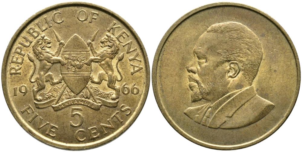 Кения 5 центов 1966 Джомо Кениата KM 1 никель латунь 3336-547
