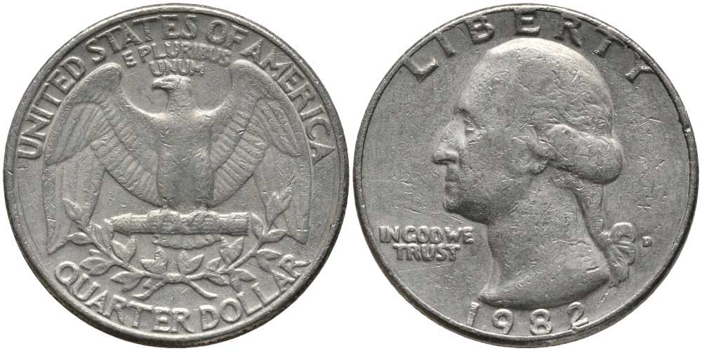США 25 центов = квотер 1982 D, Вашингтон KM А164а медь плакированная медно-никелем 113-513