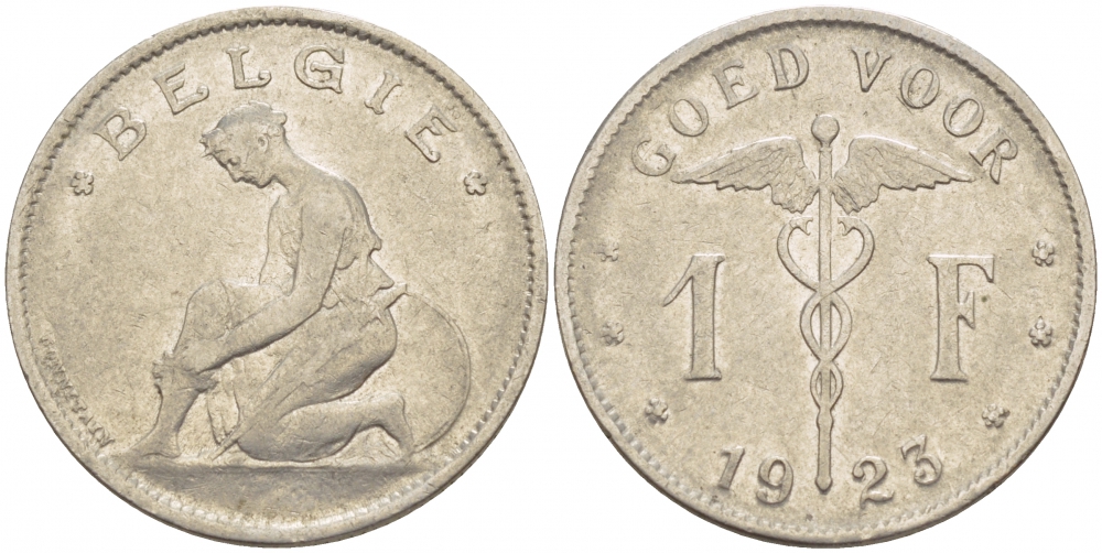 Бельгия 1 франк 1923 Belgie, Альберт I (1909-1934) KM 90 никель 51-357