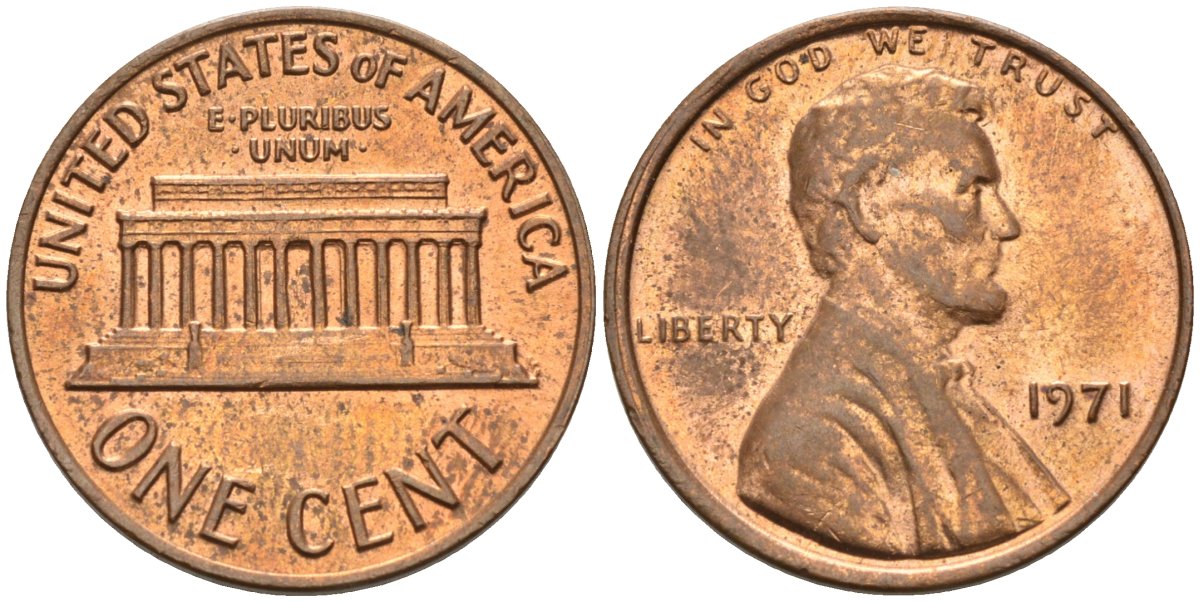 США 1 цент 1971 Линкольн KM 201 медь цинк 4115-865
