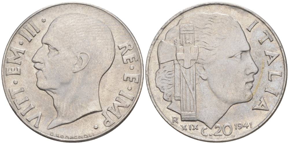 ИТАЛИЯ 20 ЧЕНТЕЗИМО 1941 R, ГОД XIX, ВИКТОР ЭММАНУИЛ III (1900-1946) KM 75b, VEM3. 1028 нержавеющая сталь 3853-956