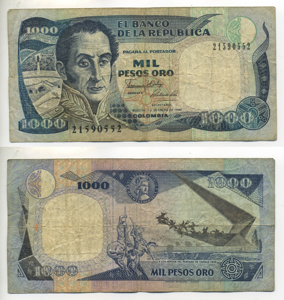 Колумбия 1000 песо 1990 El Banco de la Republica, портрет Симона Боливара, памятник героям Пантано-де-Варгас Pick 432 бумага 7523-12-3-1