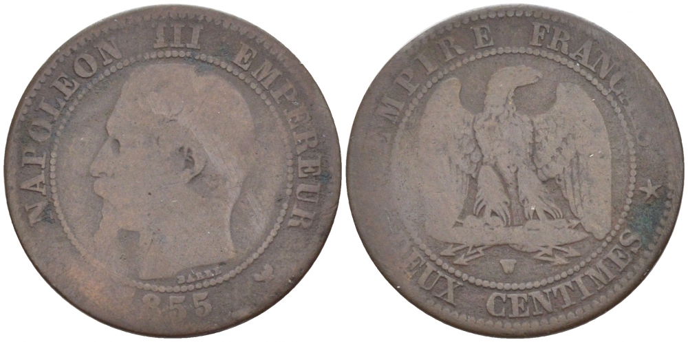 ФРАНЦИЯ 2 САНТИМА 1855 W, НАПОЛЕОН III (1852-1870) KM 776.7 бронза 116-741