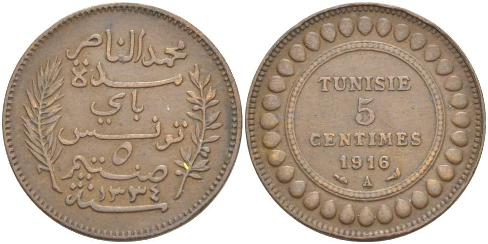Тунис 5 сантимов 1916 A KM 235 бронза     4523-757
