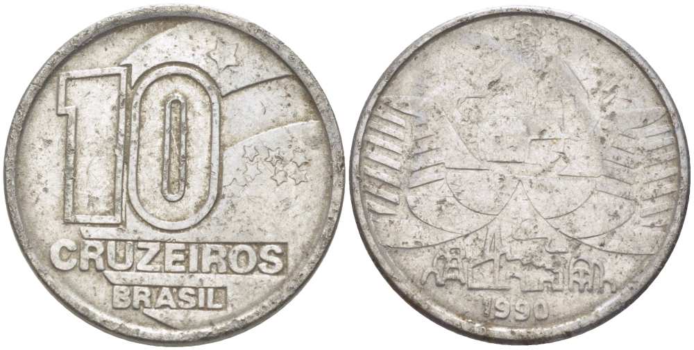 Бразилия 10 крузейро 1990 золотодобыча KM 619.1 нержавеющая сталь 3996-737