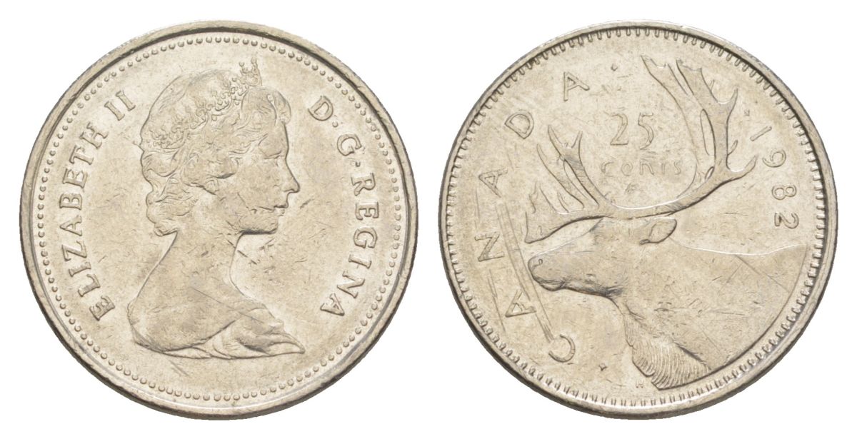 Канада 25 центов 1982 Елизавета II (1952-2022), олень, редкий год KM 74 никель 4631-631