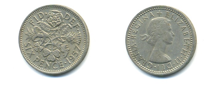 Великобритания 6 пенсов 1957 Елизавета II (1952-2022) KM 903, Spink 4149 медно-никель 80-922