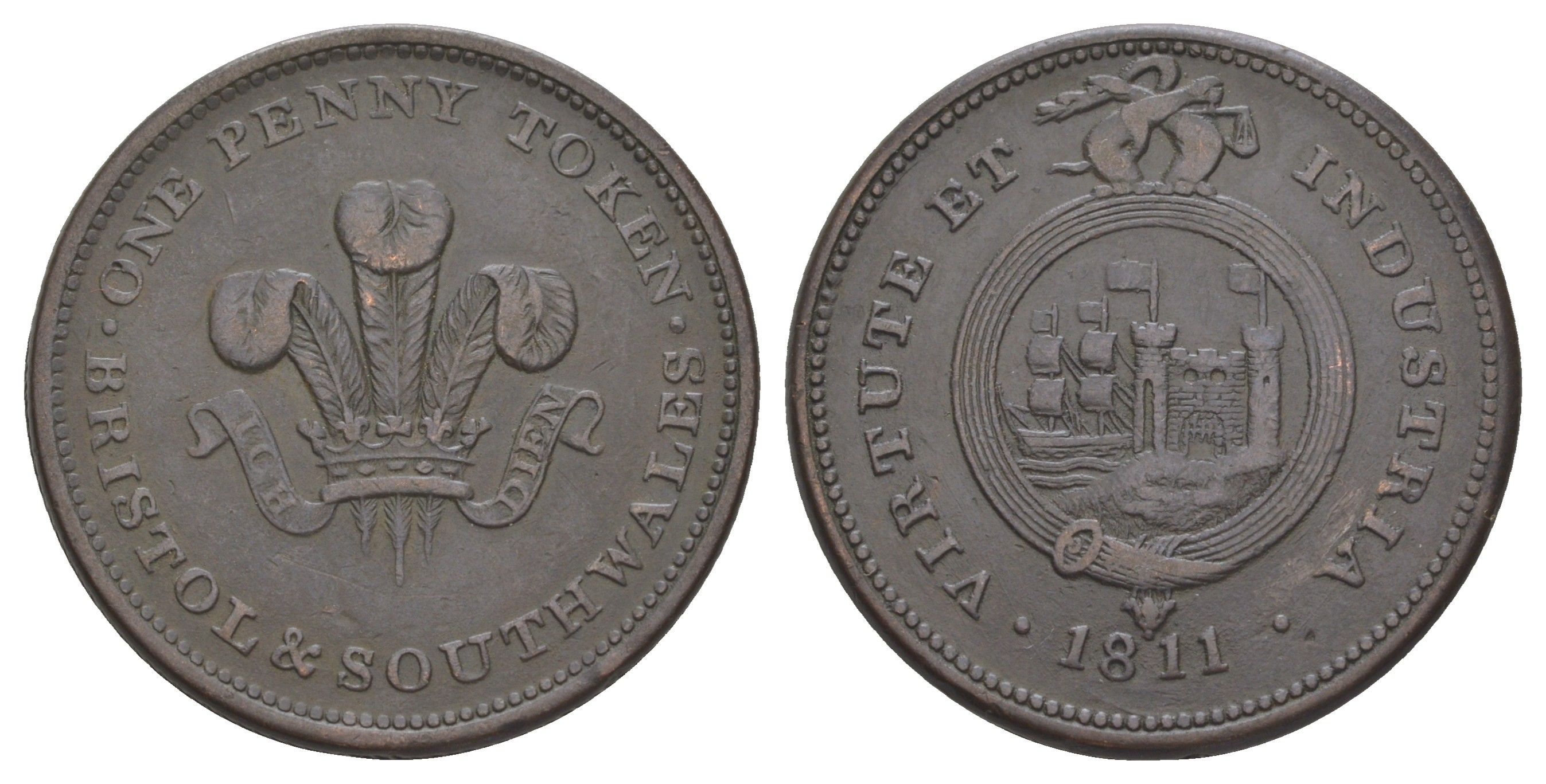 Великобритания, Бристоль и Юг Уэльса 1 пенни 1811 токен Withers 540, Davis 103 медь 1526-815