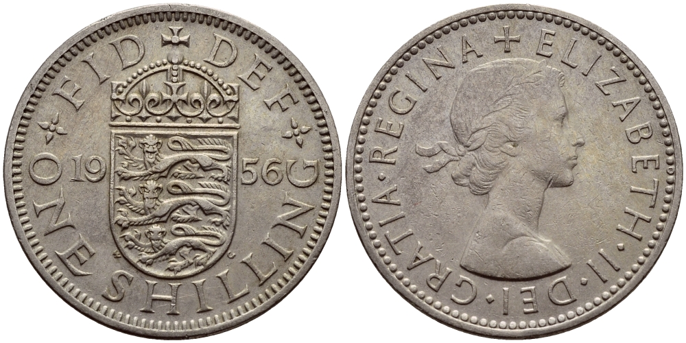 Великобритания 1 шиллинг 1956 Елизавета II (1952-2022), Английский герб KM 904, Spink 4147 медно-никель 83-1041